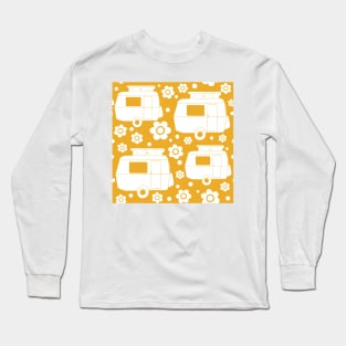 Daisy Polka Dot Vintage Caravan Pattern in Mustard Yellow and White Long Sleeve T-Shirt